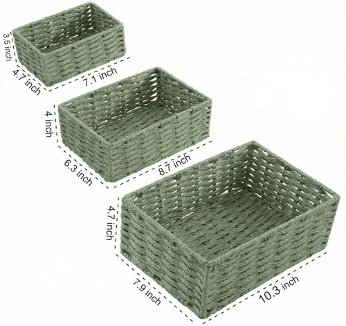 Small Wicker Basket for Organizing, Woven Storage Basket Set of 3 - Handwoven Natural Paper Rope Baskets to Declutter Any Room, Perfect for Organizing and Home Decor (Green) - color: Green