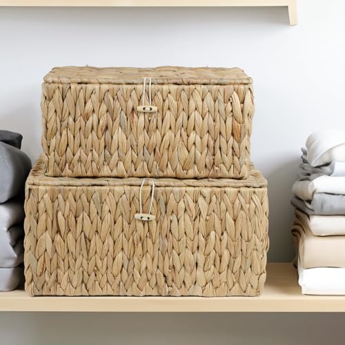 ORDELITE Set of 2 Wicker Basket with Lid, Rectangular Water Hyacinth Storage Baskets for Organizing, Decorative Woven Basket Bins Boxes for Organizing Home - size: 14.2" x 9.4" x 7" + 12.2" x 7.8" x 6"