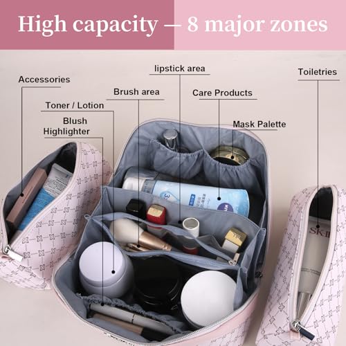 BOYATU Travel Makeup Bag Cosmetic Bags for Women: 3 Pcs Set Large Capacity Make up Bag with Handle - Vegan Leather Toiletry Bags with Compartments - Makeup Organizer for Travel Essentials(A-3-Pink) - color: A-3-Pink