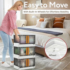 Quik Box - 8.5 Gallon Stackable Storage Bins with Doors & Wheels - Collapsible Organizer for Dorms, Bedroom & Home - Durable Polystyrene - White