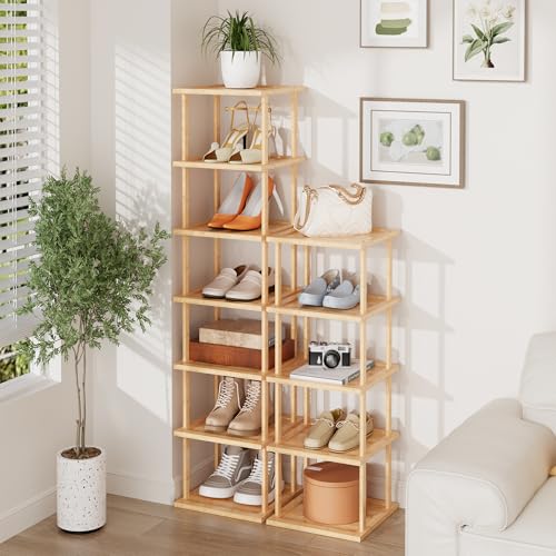 Vertical Tall Shoe Rack Organizer for Entryway -12 Tier Free Standing Slim Narrow Bamboo Wood Corner Stackable Shoe Boots Storage Stand Small Spaces for Closet Garage Cloakroom Living Room (Nature) - color: Nature, size: 12 Tier