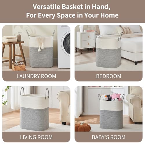 AINUOQI Laundry Basket with Handles - Blanket Basket & Hampers for Bedroom Aesthetic, Laundry Hamper & Blanket Storage for Living Room, Clothes Hamper, Tall, Large 17" x 14" x 24”, White & Grey - color: Light Grey, size: 85L