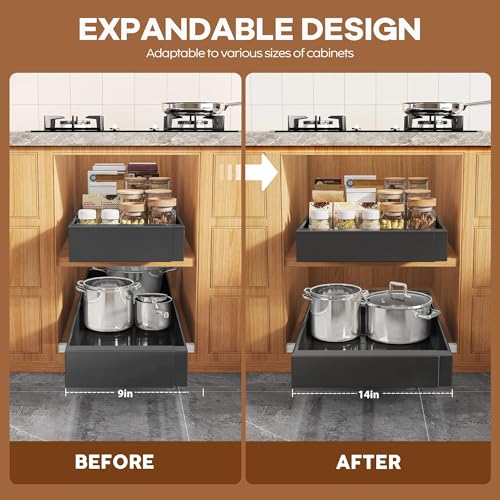 Seinloes 2 Pack Expandable Pull Out Cabinet Organizer 21" Deep with Raising Pad for Framed Cabinets,Upgrade 3 Slide Rails Slide Out Drawers,Roll Out Shelves Adhesive,Adjustable Width 9"-14.1" Black - color: Black, size: 21"D x 9"-14.1"W(2Pack)