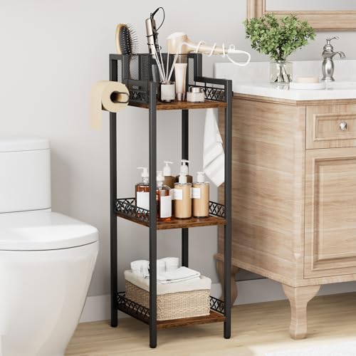 Bathroom Storage and Organizer Shelf Hair Dryer Holder, 9.85in 3-Tier Narrow Metal Standing Rack with Toilet Paper Holder, Corner Stand for Cosmetic, Vanity, Kitchen, Laundry Rustic Brown - color: 9.85“ Black Without Drawer