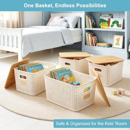 Bagnizer 2 Pack Tall Plastic Storage Bins with Bamboo Lids, 10.8qt Stackable Storages Baskets for Organizing Desktop Closet Playroom Classroom Office, 12"L x 8.3"W x 6.1"H, Cream White - color: Cream White, size: Tall- 2 Pack