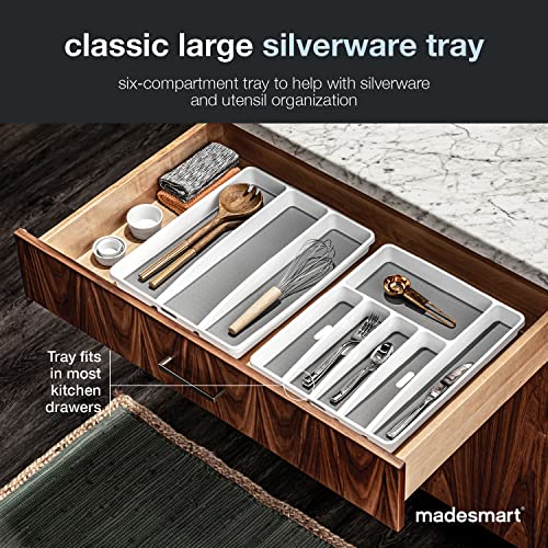 madesmart Classic Large Silverware Tray - White |CLASSIC COLLECTION | 6-Compartments| Kitchen Drawer Organizer | Soft-Grip Lining and Non-Slip Rubber Feet | BPA-Free - size: Classic 6 Compartment