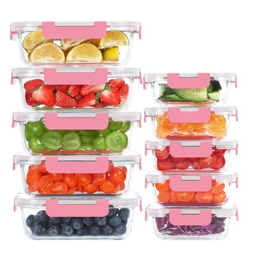 KOMUEE 10 Pack Glass Food Storage Containers, Meal Prep Containers with Lids, Airtight Glass Lunch Boxes, Freezer, Oven, and Microwave Safe, Pink - color: Pink