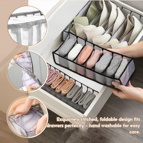 2-Pack Underwear Storage Organizer, 7-Compartment Foldable Drawer Divider for Home, Closet, and Travel Use, Mesh Fabric Organizer Box for Clothing - color: 2 Black