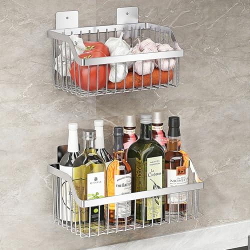 2PCS Hanging Storage Baskets Organizer Wall Mount, SUS304 Stainless Steel Wire Storage Bin Rack for Kitchen Bathroom Shower Spice Shelf,L 9.84 Inch - size: 9.8Inch 2PCS