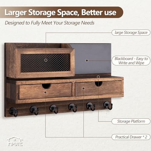 Key Holder for Wall, Key and Mail Holder for Wall with Storage Drawer, Entryway Rustic Home Decor, 3 Liquid Chalks & Chalkboard, 15.98”W x 9.1”H x 3.3”D, Brown - color: Brown