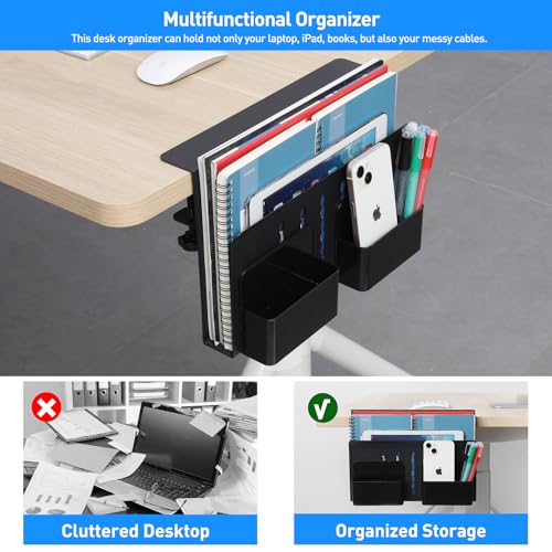 MAXECHO Desk Side Storage, Under Desk Laptop Mount, Table Side Hanging File Organizer, No Drill Clamp On Cable Management Tray, Laptop Holder with Magnetic Pen Holder for Office and Home, Load 22 Lbs - color: Black, size: Single-deck with Pen Holder