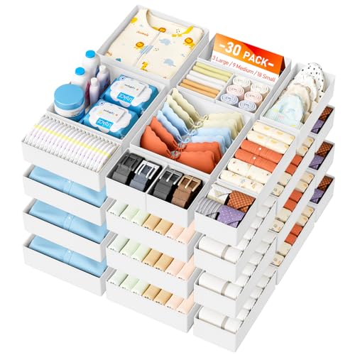 DIMJ Drawer Organizer Clothes - 30 Pack Closet Drawer Organizer Bins for Baby Clothes Storage, Fabric Dresser Organizer for Nursery Bedroom, Foldable Small Drawer Dividers for Underwear Socks - color: White, size: 30 Pack