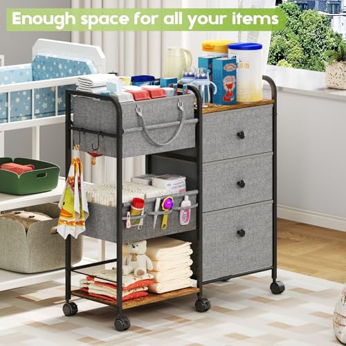 Cidaziya 2In1 Baby Diaper Caddy Organizer and Storage, 3 Tier Rolling Cart with Dividers and Drawers, Mobile Utility Cart Baby Dresser Clothes Organizer for Changing Table, Crib Nursery, Bedroom, Grey - color: Grey, size: 32.48"W x 11.42"D x 33.5"H