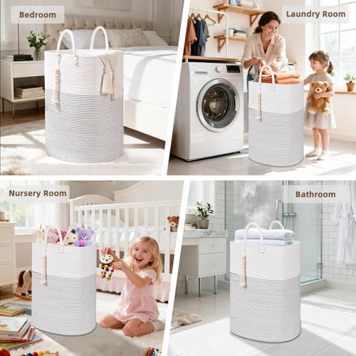 Woven Laundry Basket for Clothes, 50 L Large Rectangle Laundry Hampers with Beads Tassel, Nursery Storage Basket for Toys, Tall Dirty Clothes Hamper for Bedroom Aesthetic, Laundry Room Organization - color: White, size: 50L