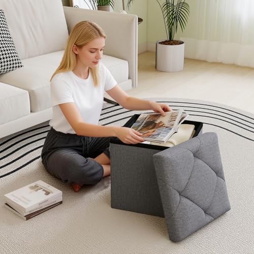 15'' W Storage Ottoman Bench, Folding Storage Bench Ottoman, for Bedroom, Living Room, and Utility Room, Grey - size: 15"D x 15"W x 15"H