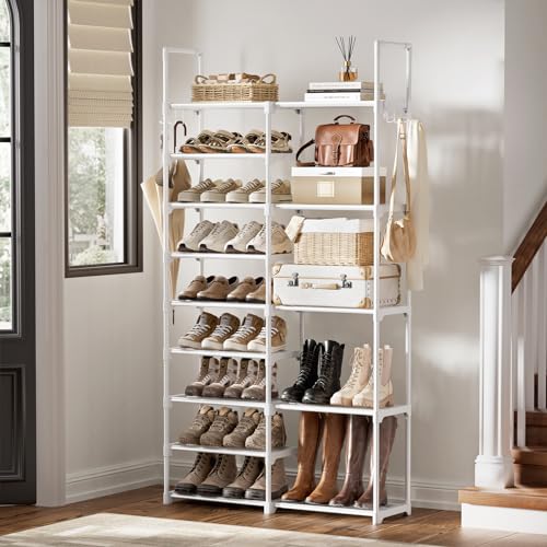 WOWLIVE 9 Tiers White Shoe Rack for Closet Shoe Rack Storage Organizer for Entryway 30-35 Pairs Stackable Shoe Shelf for Front Entrance Metal Pipes with Plastic Connectors - color: White, size: 2 Row 9 Tier
