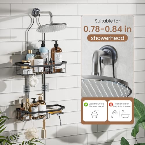 Skyapex Shower Caddy Hanging, Adjustable Height 2-Tier Shower Organizer Over Showerhead, Rust-Resistant Stainless Steel Shower Rack with 15 Hooks, Heavy Duty Anti-Swing Bathroom Storage, Black