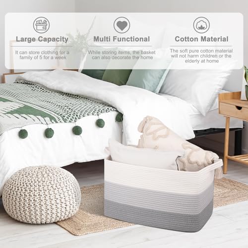 OIAHOMY Large Blanket Basket, 65L Cotton Rope Woven Laundry Basket, Toy Bin for Baby Room, Container for Blanket Storage in Living Room, 20''×16''×12'', Gradient Grey - color: Gradient Grey, size: 65L