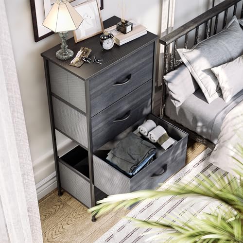 YITAHOME Dresser with 4 Drawers - Fabric Storage Tower, Organizer Unit for Hallway, Closets - Sturdy Steel Frame, Wooden Top & Easy Pull Fabric Bins, Black Wood Grain - color: Black Wood Grain, style: 4-Drawer