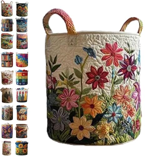 Quilted Laundry Baskets, Large Floral Boho Fabric Storage Hamper with Handles, Collapsible Soft Clothes Organizer Tote for Nursery House Styling, Portable Bedroom Washing Container - color: #1, size: S(35*28*13cm)