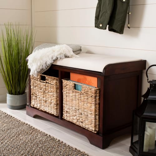 SAFAVIEH Home Collection – Freddy Cherry Storage Bench with Wicker Baskets & Cushion, Entryway Seating Bench, Fully Assembled (AMH5736E) - color: Cherry
