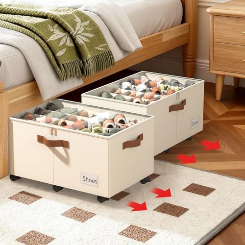 Shoe Organizer for Closet, 2 Pack Shoe Storage Organizer with Wheels and Adjustable Dividers, Stackable Shoe Storage Box with Clear Cover, Foldable Closet Shoe Organizer Fits up to 24-48 Pairs, Beige - color: Beige, size: 25 ½"L x 17"W x 12 ½"H-2 Pack