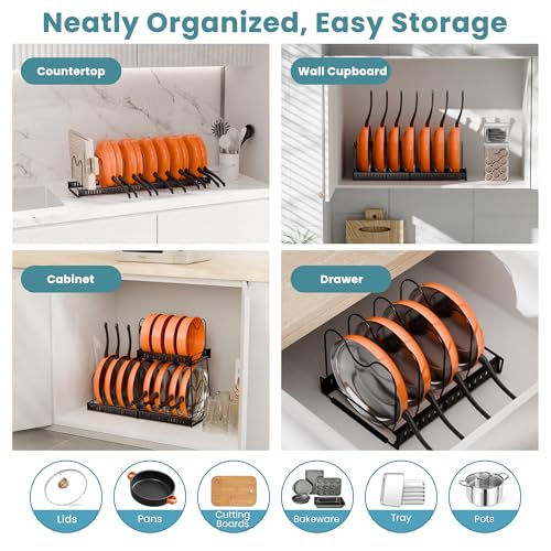 3-Pack Pots and Pans Organizer for Under Cabinet, 2Tier 12 Dividers 3 DIY Method Expandable Easy Install, Kitchen Pot Pan Lid Rack Storage Holder Organizers Inside Cabinet, Bright Black - color: Bright Black