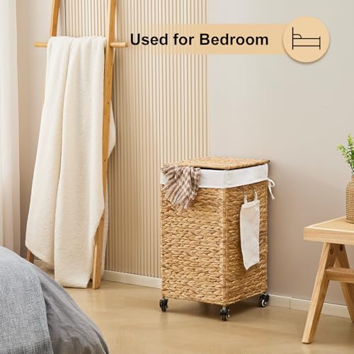 Handwoven Hamper with Lid, Laundry Basket with Wheels, Machine Washable Liner, Clothes Hamper for Bathroom Laundry Room Bedroom(Natural, 78L) - color: Natural/With Lid/78L