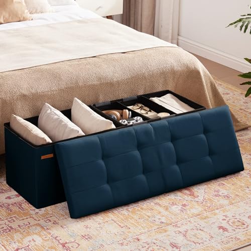 HAUSFRAU Storage Ottoman Bench with Flipping Lid, 43.3 Inches Storage Chest Footsrest, Folding Foot Stool for Entryway, Living Room, Bedroom, Linen Navy Blue - color: Navy Blue, size: 15"D x 43.5"W x 15"H