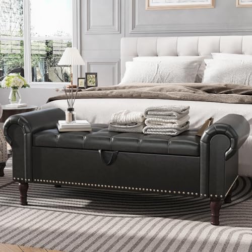 Apicizon 51” Bench with Storage, Queen Size Faux Leather End of Bed Bench with Tufted Button, Ottoman Bench with Rolled Arms & Vintage Rivets for Foot of Bed, Living Room, Entrance, Black - color: Black, size: 51 Inches