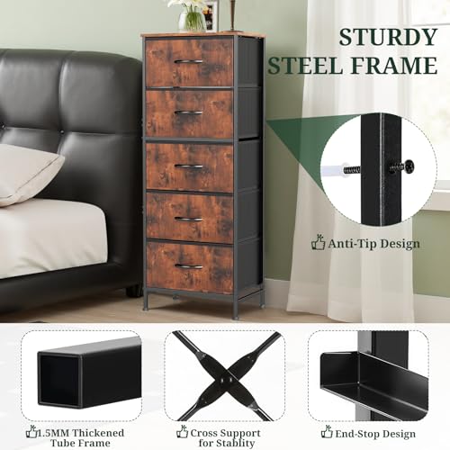 Nightstand, 5 Drawer Dresser End Table Bedside Furniture with Wooden Top Steel Frame Fabric Bins for Bedroom, Closet, Entryway, Dorm, Living Room, Brown - color: Brown, size: 11.8"D x 15.8"W x 47.8"H (5 Drawers)