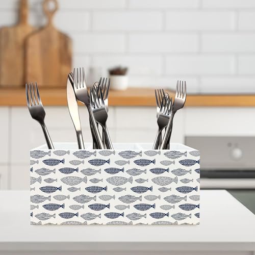 Fishing Decor, Coastal Beach Fish Pen Pencil Holder Organizer for Desk, Fishing Gifts, Blue Nautical Ocean Fishing Wooden Box Block Sign for Beach House Office Tabletop Decor - color: fish