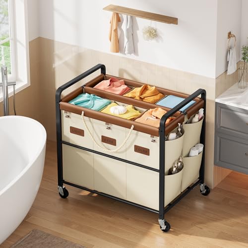 Tajsoon 350L Extra Large Laundry Hamper 6 Section, Heavy Duty Laundry Cart with Wheels, Commercial Laundry Sorter with Sturdy Metal Frame, Removable Bags & Leather Patchwork, Beige - color: Beige, size: 6 Bag 350L