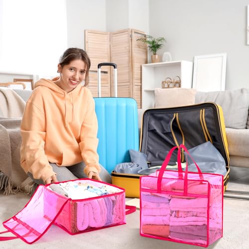 4 Pcs PVC Transparent Zippered Storage Bags Closet Organizers and Plastic Duffel Bags with Reinforced Handle for Bedding Clothing Comforters Pillows(Rose Red)
