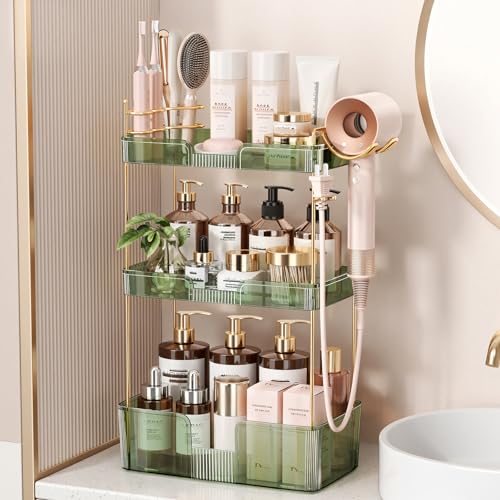 Bathroom Counter Organizer for Vanity, Makeup Organizer Countertop with Holder, Large Capacity Storage Rack, Perfect Large Skincare, Hair Care, Perfume, Easy to Install (Green, 3Tiers) - color: Green, size: 3 Tiers