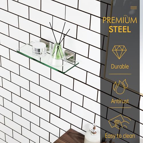 KOKOSIRI Floating Glass Shelf Bathroom Wall Mount Shelves 12-Inch Kitchen Rack for Shower Storage Home Decor, Brushed Stainless Steel B1107BR-L12 - color: Brushed Nickel, size: 12-Inch