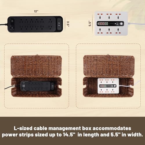 BROWNLILY Cable Management Box, Rattan Style Cord Organizer for Desk Cord Hider Outlet Covers Baby Proofing for Power Strip TV PC Router Charger Under Desk Storage with Lockable Lid and Cable Ties - color: Brown, size: L