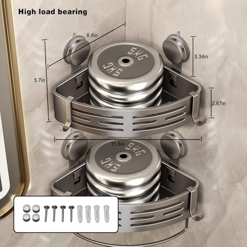 VOLPONE Corner Shower Caddy Suction Cup Shower Shelf Corner No Drilling Bathroom Shower Organizer Storage Rack Adhesive with Towel Bar Hooks (2-Pack, Matte Gray) - style: Suction Cup Triangle with Towel holder 2 Tier Gray