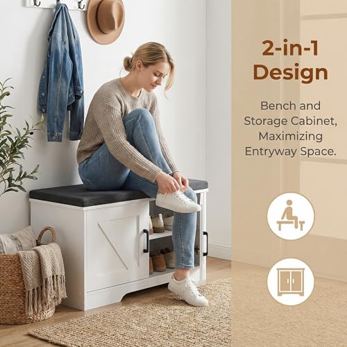 HOMSHO 2-Tier Storage Bench, 27.6" Wide Shoe Bench with Padded Seat Cushion, Entryway Bench with 2 Barn Doors and Adjustable Shelf, White - color: White, size: 27.6" Wide