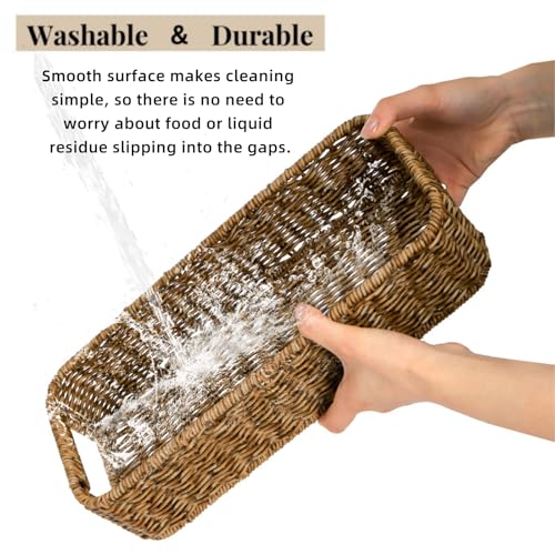 ZAVOOS 2 Pack Toilet Tank Basket, Handwoven Rectangular Wicker Shelf Baskets for Organizing, Decorative Countertop Storage Bin with Built-in Handle for Bathroom Tank Top, Bedroom Closet