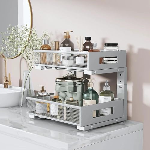 Under Sink Organizer,2-Tier Dual Pull Out Cabinet Organizer Drawers With Smooth Circular Rail,Large Capacity Metal Mesh Sliding Shelves For Bathroom& Kitchen Storage,Height Adjustable–Gun Gray,2 Packs - color: Gun Gray, size: 2 Pack-15.9"Dx11.6"-16.7" H