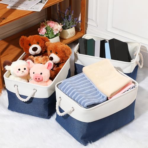 meekoo 8 Pack Collapsible Storage Bins Fabric Storage Bins Polyester Fabric Baskets with Handles Linen Closet Organizer for Shelf Home Closet Towels Toys(12 x 12 x 12 in,Blue White) - color: Blue White, size: 12 x 12 x 12 In