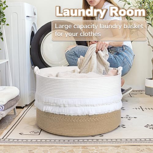 CherryNow Large Wicker Laundry Basket for Entryway, Bedroom, Jute Decorative Baskets for Clothes, Toys, Towel Basket for Bathrooom, 22 x 14 inches, 83L - color: White & Camel, size: 83L (22"W x 14"H)