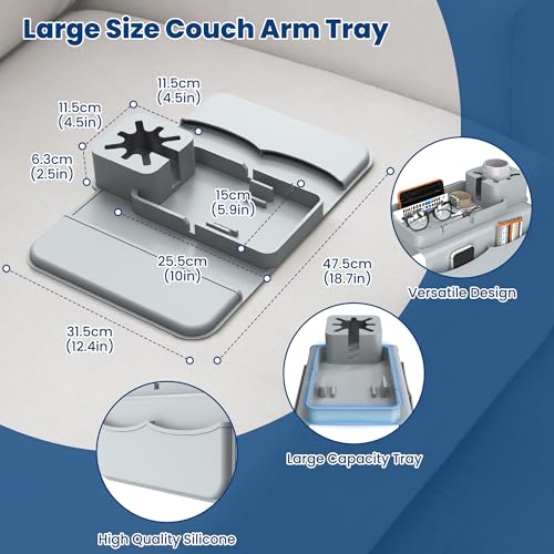 ENNVA Couch Arm Cup Holder Tray, Silicone Anti-Slip Sofa Armrest Table with Dual Side Storage Pockets, Drink Holder, Phone Stand & Remote Organizer, Couch Caddy for Wide Armrest (Gray)