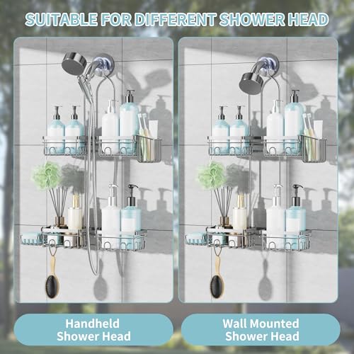 KEGII Shower Caddy Hanging for Handheld Showerheads, Rustproof Hanging Shower Organizer with Soap Dish, Toothbrush Holder and Hooks, Over Showerhead Caddy for Bathroom, Silver - style: Silver – 2-Tier Hanging Shower Caddy