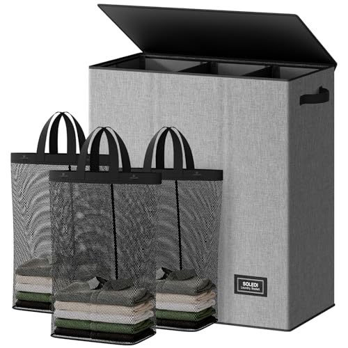 SOLEDI 160L Laundry Hamper 3 Section, Extra Large Laundry Hamper with Lid, Dirty Clothes Hamper with Sturdy Handle, Large Laundry Basket Organizer for Laundry Room, Bedroom, Hampers for Laundry - color: Grey, size: 160L