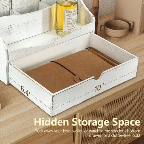 Pine Wood Mail Organizer for Desk - Charming Farmhouse Countertop Mail Sorter for Office Desk & Home Decor - Wooden Letter Organizer with Drawer & Dividers for Room Organization(Whitewash) - color: B-Whitewash