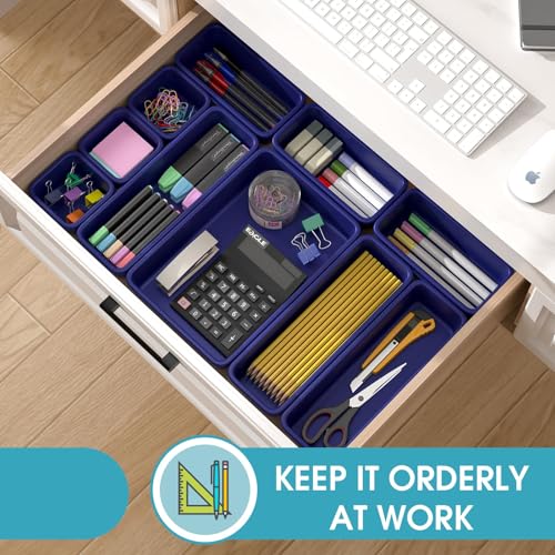 25 PCS Drawer Organizer Set, 4 Size Makeup Drawer Divider Organizer With Non-Slip Pads, Interlocking Plastic Storage Bins for Office,Jewelry Vanity,Gadgets, Bathroom,Kitchen, Navy - color: Navy, size: 25Pack