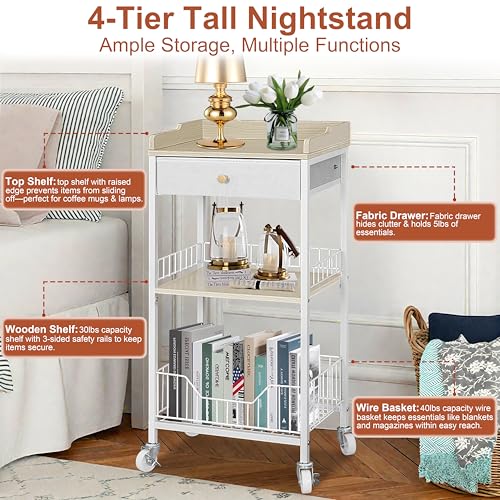 4-Tier Small Side Table with Storage Drawer, Tall Nightstand with Wheels & Basket, Rolling Bathroom Table for Small Spaces, Bedroom, Living Room, Dorm, White and Natural - color: White With Natural