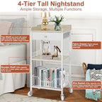 4-Tier Small Side Table with Storage Drawer, Tall Nightstand with Wheels & Basket, Rolling Bathroom Table for Small Spaces, Bedroom, Living Room, Dorm, White and Natural - color: White With Natural